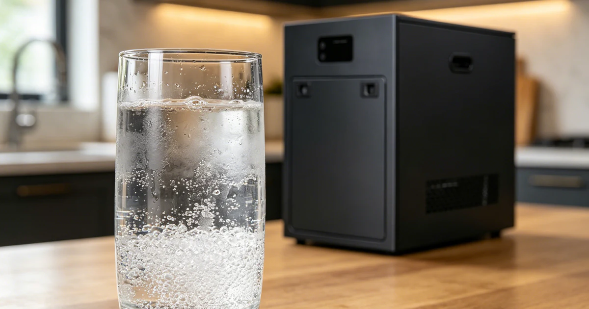 Glass of chilled sparkling water next to a black under-sink water chiller on a modern kitchen counter