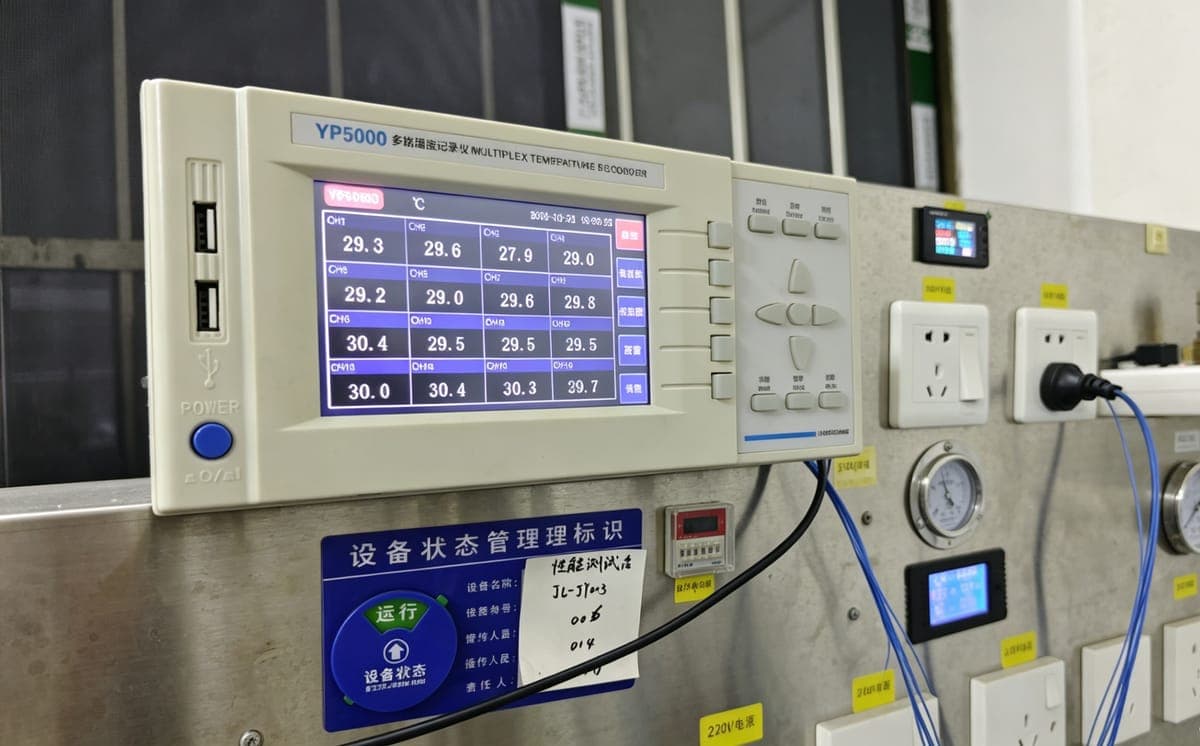 Temperature and voltage test — units powered on and verified on the production line