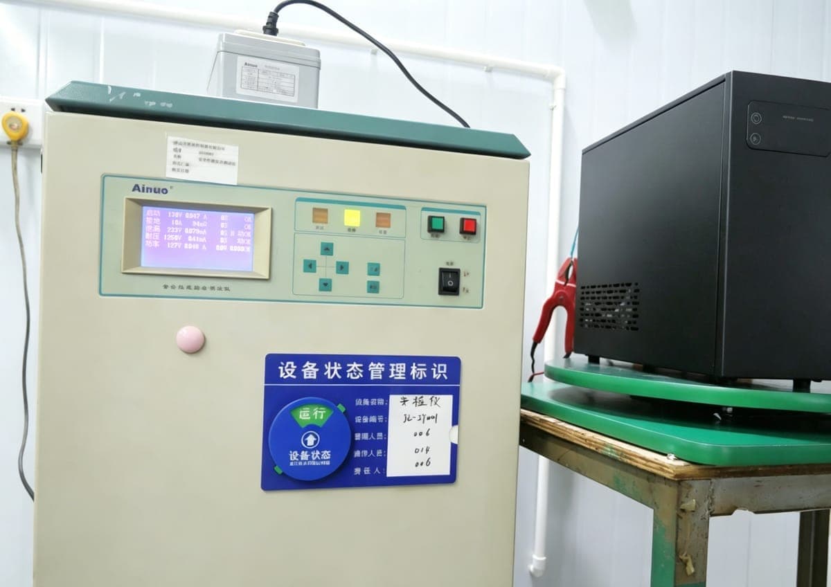 Electrical safety test station — safety parameters verified with calibrated equipment