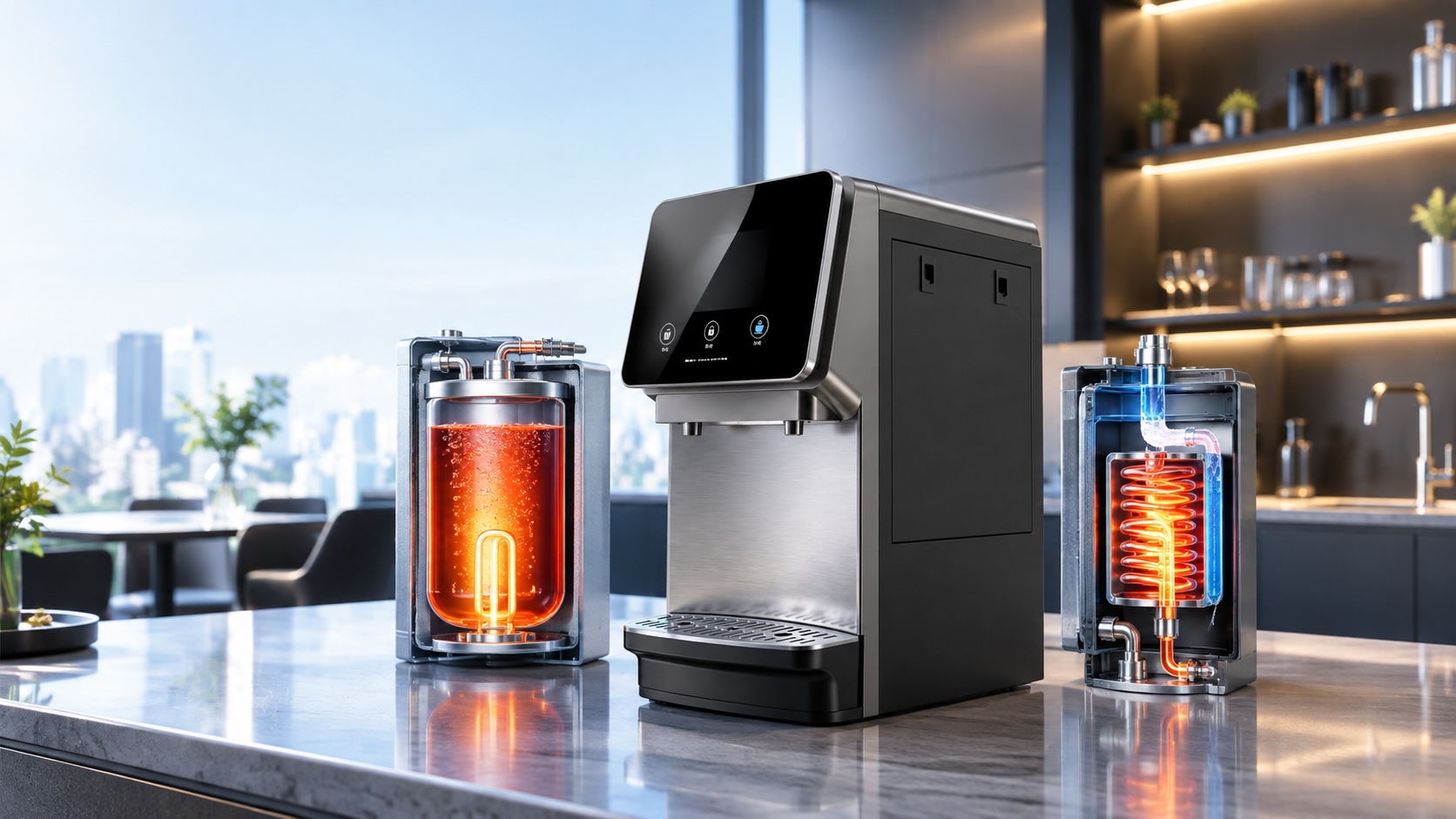 Dispensador de agua caliente instantánea de sobremesa en una cocina moderna